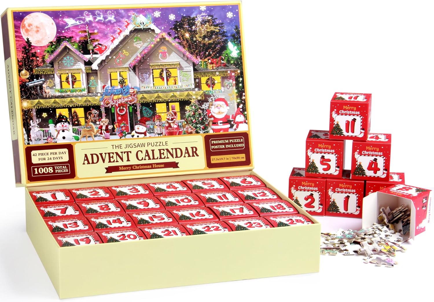 Advent Calendars - MAIAGO Advent Calendar 2023 Christmas Jigsaw Puzzles - Merry Christmas House, 24 Boxes - 1008 Pieces Puzzles Countdown to Christmas, Xmas Gifts for Adults and Kids, Home Decoration 27.5in x 20in