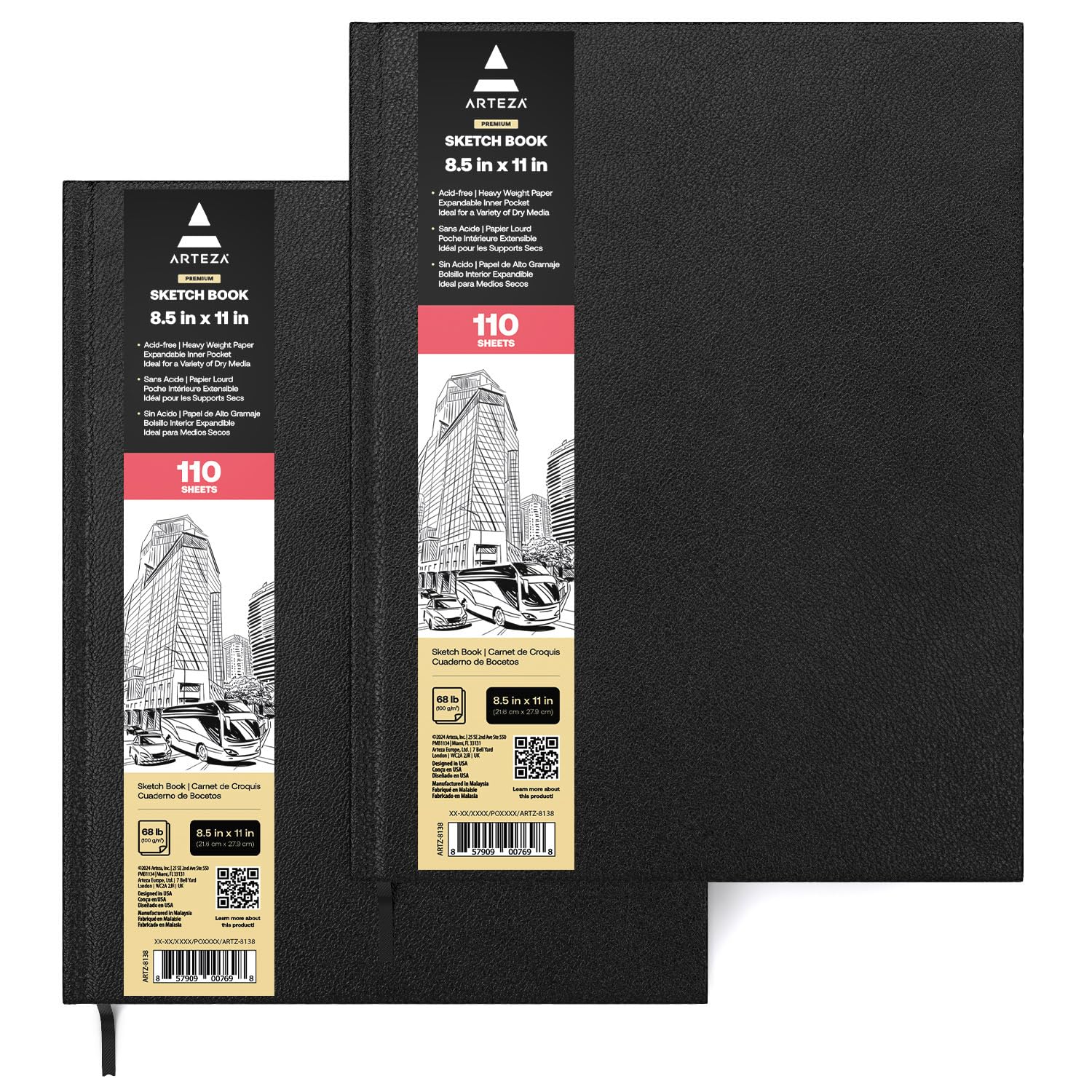 ARTEZA Sketchbook, Pack of 2, 21.6 x 27.9 cm, 110 Sheets Each, 110-gsm Drawing Pad, Art Supplies for Dry Media, Drawing, Sketching, and Journaling