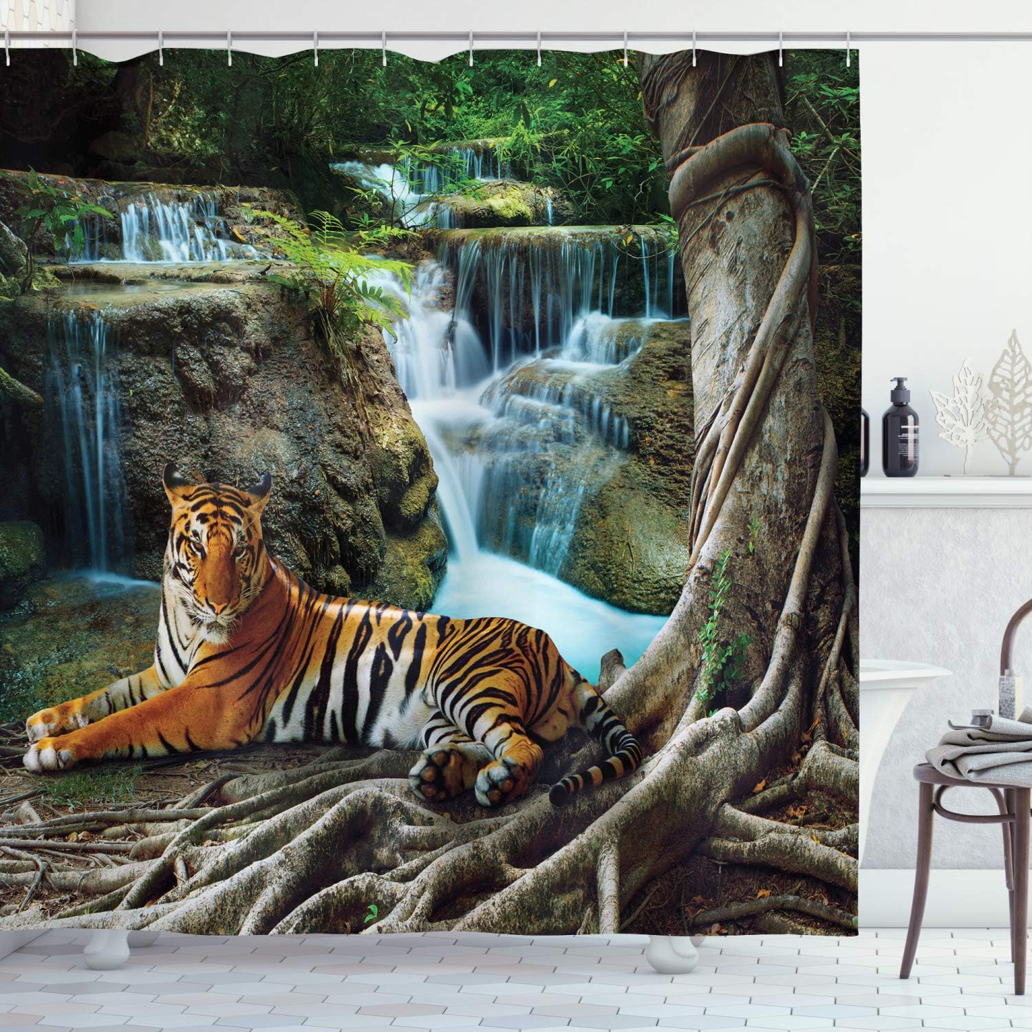 Ambesonne Safari Shower Curtain, Indochina Tiger Laying Under Banyan Tree Against Limestone Waterfall Relaxing Nature, Cloth Fabric Bathroom Decor Set with Hooks, 70