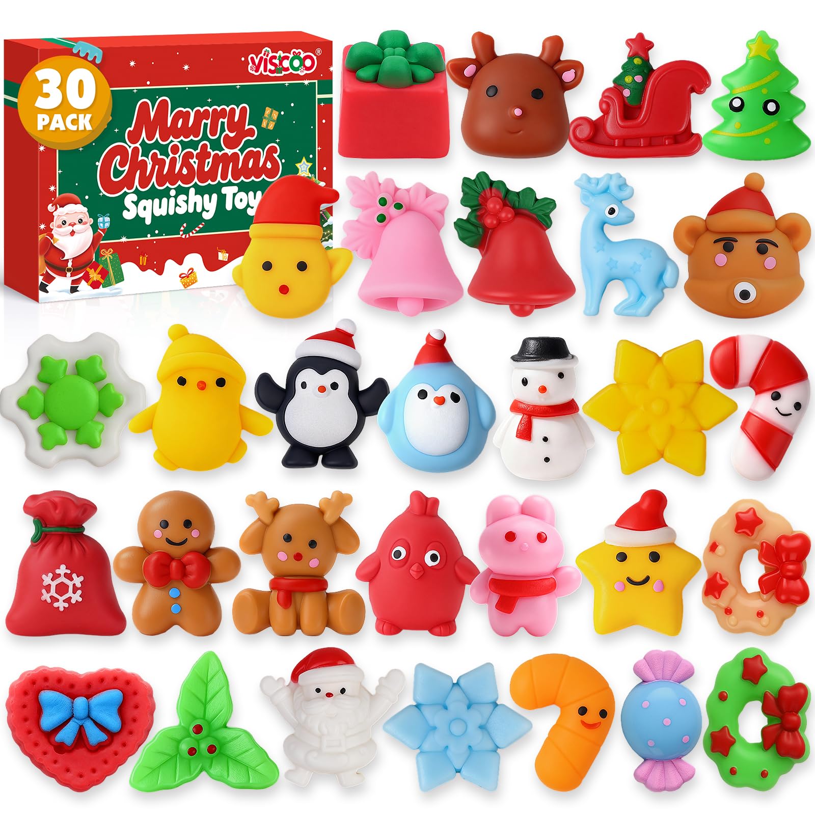 VISCOO 30 Pack Christmas Squishy Toys Squishies, Mochi Squishy Party Favors for Kids,Christmas Toys for Kids,Squishy Fidget Stress Reliever, Goodie Bags Fillers Birthday Xmas Gifts Stocking Stuffers