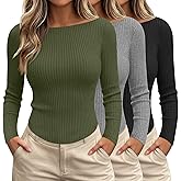 Huukeay 3 Pack Womens Boat Neck Long Sleeve Ribbed Tops Fitted Shirts Cotton Curved Hem Crop Casual Basic Layer Tees Go Out
