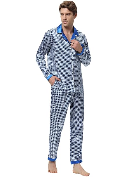 Aibrou Herren Satin Pyjama Set, Zweiteiliger Bedruckt Schlafanzug Langarm Shirt und Pyjamahose