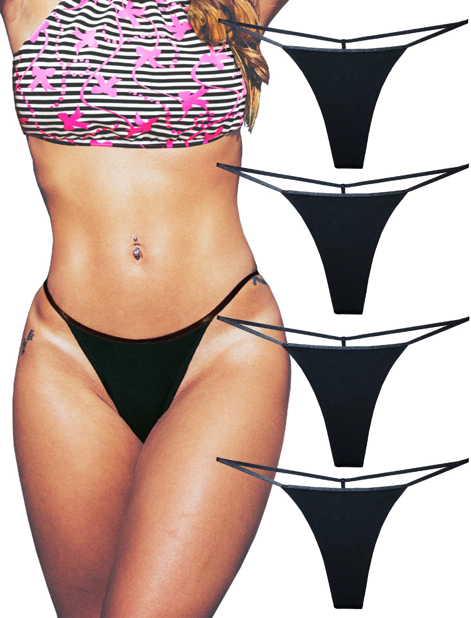 Photo 1 of KUKU PANDA Cotton G String Thongs for Women T Back Gstring Underwear Seamless Panties Tangas Sexy 4 Pack Set (Black, Large)