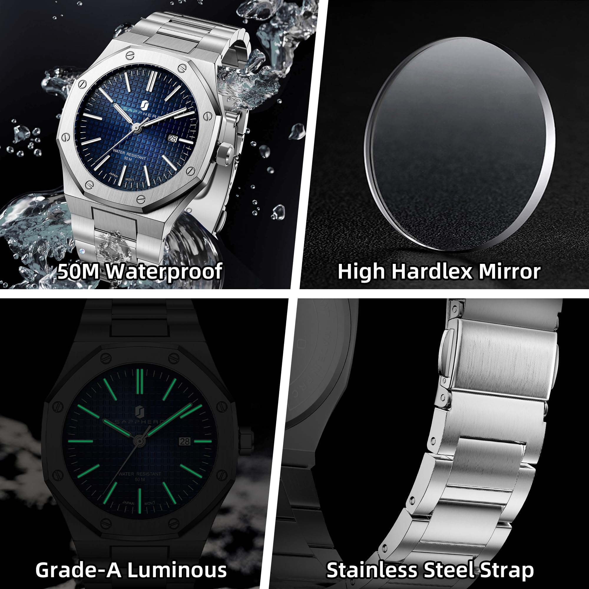 SAPPHERO Uhren Herren 30M wasserdichte Armbanduhr Herren Edelstahl Achteckig Herrenuhr Silber Quarz Japanische Uhrwerke Business Casual Leuchtende Uhr mit Date 6