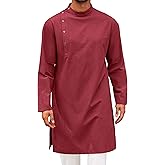 Runcati Mens Kaftan Thobe Robe Long Sleeve Cotton Henley Shirt Casual Muslim Gown Salwar Kurta