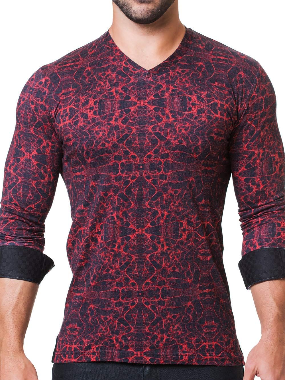 Maceoo Mens Designer V Neck - Stylish & Trendy T Shirt - Edison Smokey Red - Tailored Fit