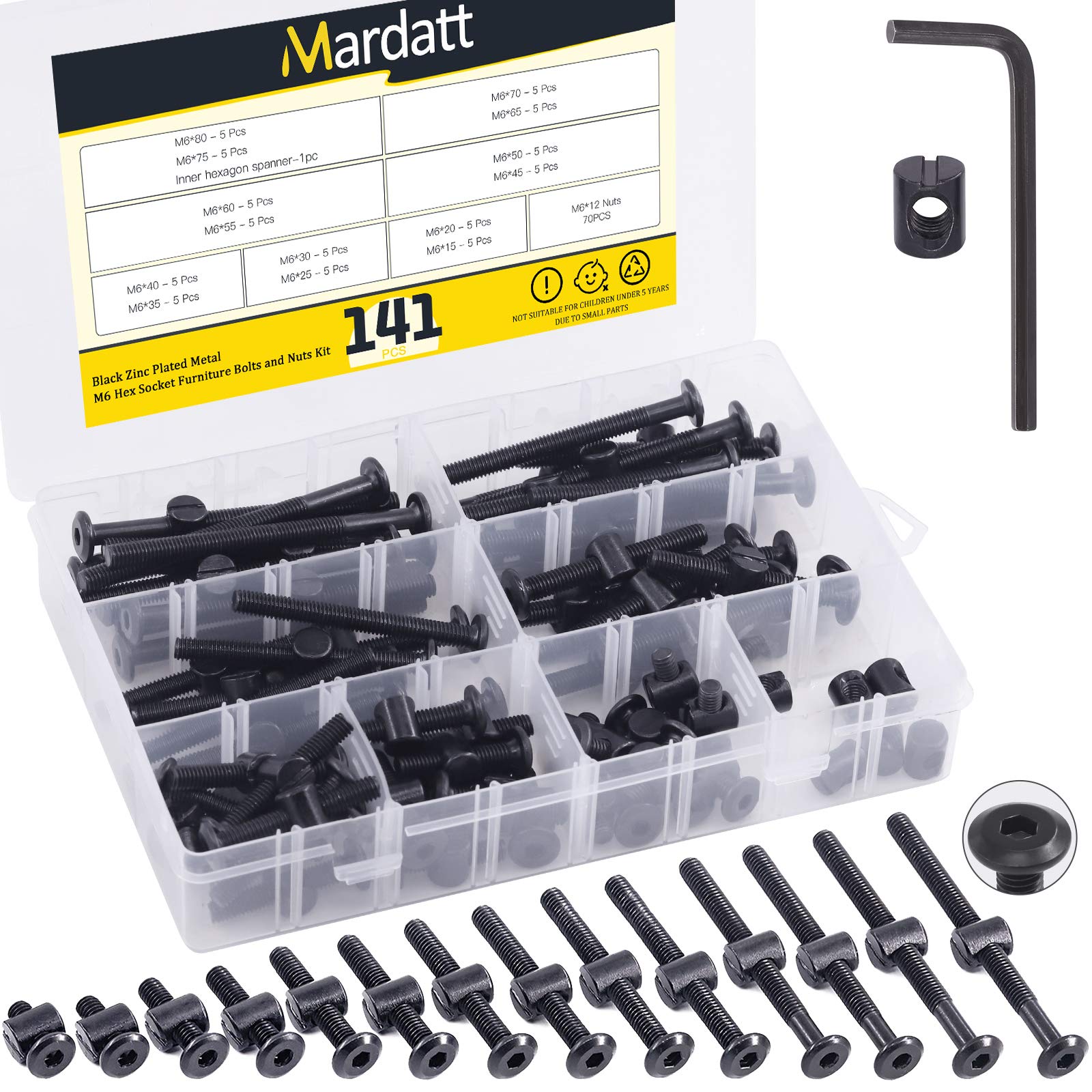 Mardatt 140Pcs M6 Crib Screws Hardware Replacement Kit Baby Bed Hex Socket Head Screws Bolts and Barrel Nuts w 1 Allen Wrench -14 Sizes Crib Bolts for Furniture
