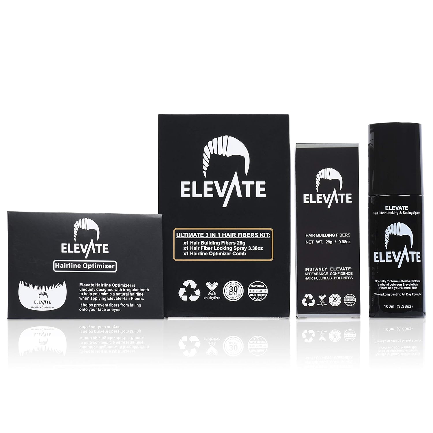 ELEVATE Hair Ultimate Perfecting 3-in-1 Kit Set Includes Natural Hair Thickening Fibers | Locking & Setting Hold Hair Spray | Hairline Optimizer Comb | Instantly Conceal & Thicken Hair (Dark Brown): Beauty
