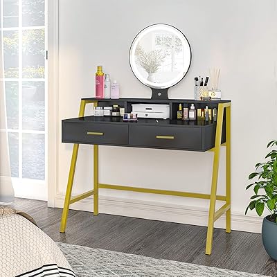 Buy Tiptiper Vanity Table With Lighted Mirror Makeup Dressing Table Set With 3 Lighting Color Modes Modern Dresser Desk With 2 Large Drawers Desktop Shelf For Bedroom Metal Frame Gold
