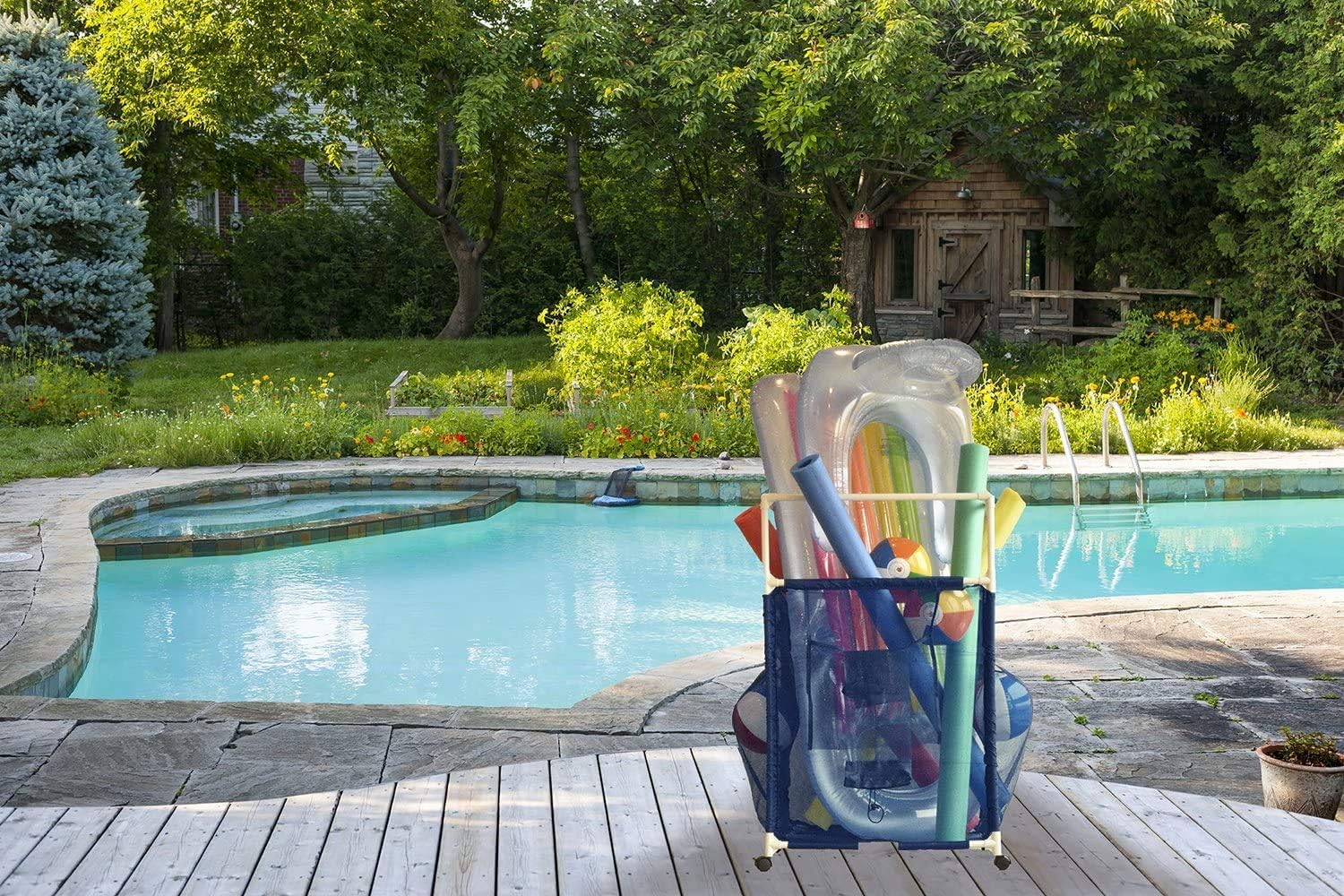 Essentially Yours Rolling Pool Noodle Storage Organizer Bin, Standard Noodle Holder, 24" W x 24" L x 38" H, Blue Mesh/White PVC : Garden & Outdoor