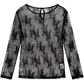 Noomelfish Girls Lace Long Sleeve Layering Tops Sheer Mesh Tee Shirts Blouse (5-12 Years)