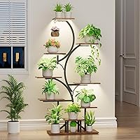 BACEKOLL Plant Stand Indoor with Grow Lights, 9 Tiered Indoor Plant Shelf, 54.6" Tall, Black Iron & Wood S-Shaped Plant Rack 