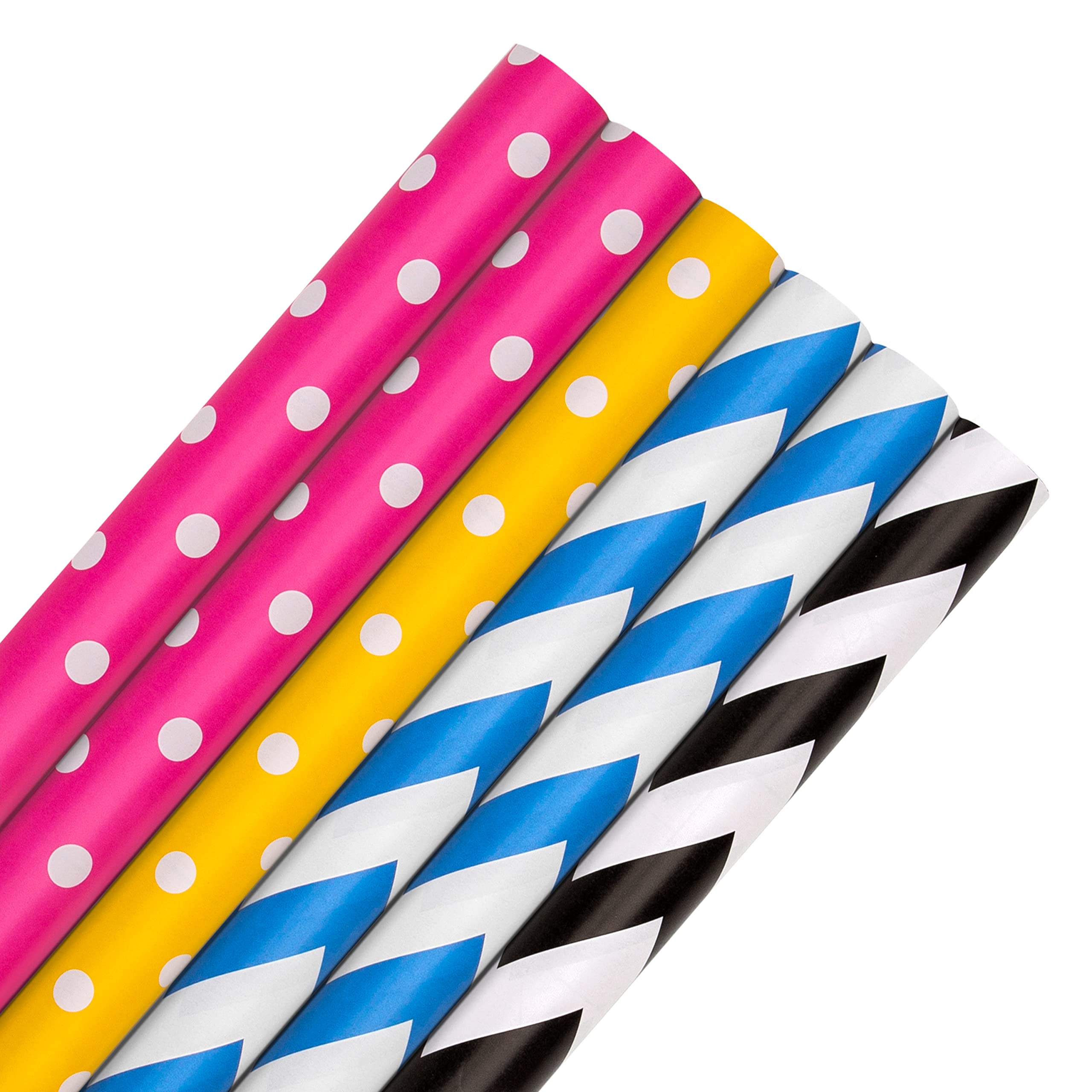 Hallmark Wrapping Paper, Roll Wrap, Pack of 6, 4 Colours, Pink, Yellow, Blue, Black, Polka Dot and Zig Zags, 2M Each