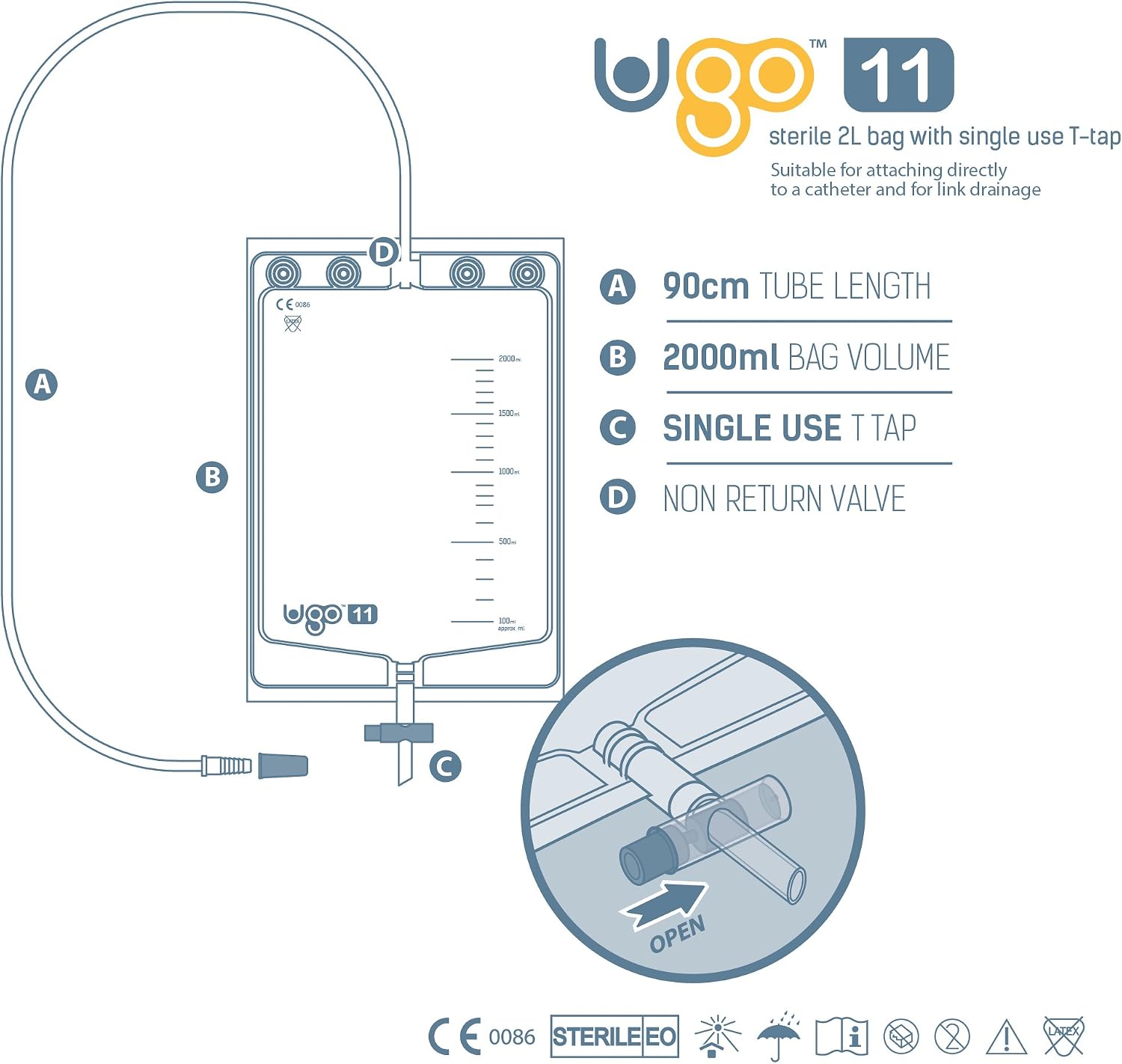 Ugo 2L Night Bags (x10), Urine Drainage Bags/Urinal Catheter Night Bags, T Tap or Lever Tap with Kink Free Connection (Ugo 11 - Image 4