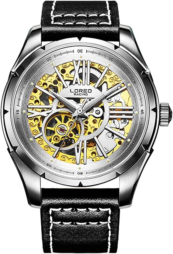 LOREO Mens Skeleton Watch 25 Jewels Automatic Mechanical