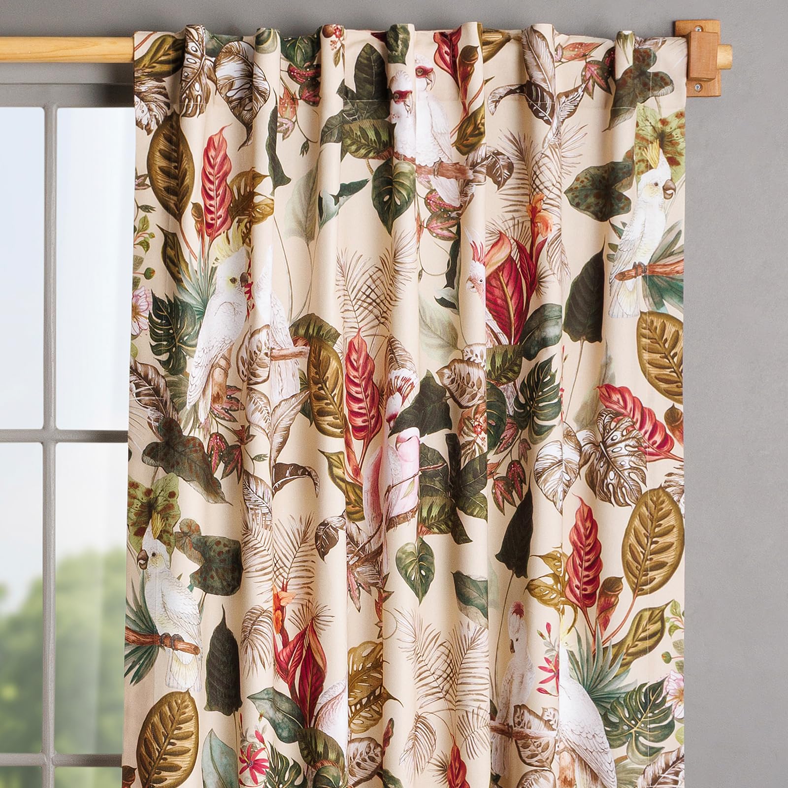Maison d' Hermine Curtains for Living Room 100% Cotton 96 inch Length One Panel Light Filtering Curtains for Windows with Rod and Loop Pockets Valentines Day Gifts (Cacatoes - Beige, 50" W x 96" L) Image