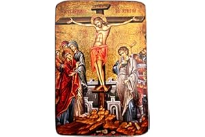 Handmade Wooden Greek Christian Orthodox Icon of the Crucifixion A0 3.5x2.75in / 9x7cm