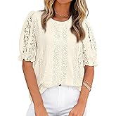KIRUNDO Lace Tops for Women Trendy 2026 Summer Work Blouse Casual Crewneck Hollow Out Short Sleeve Shirts Beach Vacation