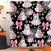CWHCWA Halloween Shower Curtain Cute Ghost Dreamy Pink Bow Spooky Pumpkin Funny Cartoon Horror Spider Web Modern Aesthetic Bath Decor Curtain with Hooks