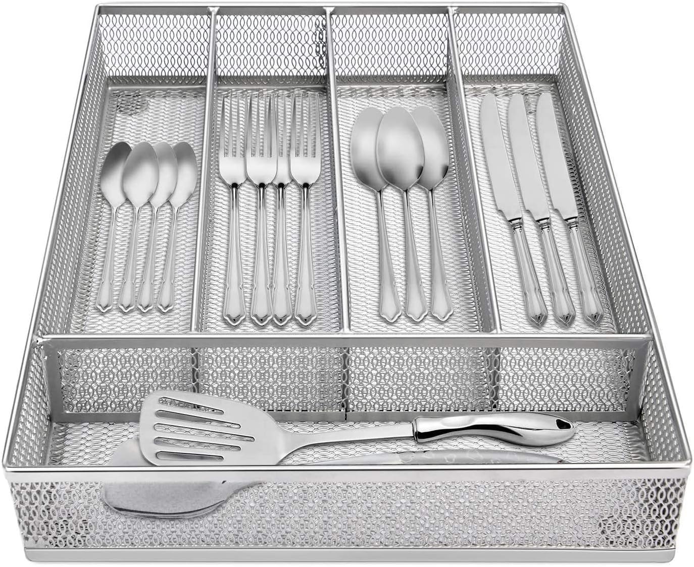 Flatware Tray Utensil Drawer Organizer Kitchen Utensil Cutlery Tray Mesh Designing with Foam Feet Multi Compartments Keep Desk Drawer and Office Supplies Well Organized (Silver): Kitchen & Dining