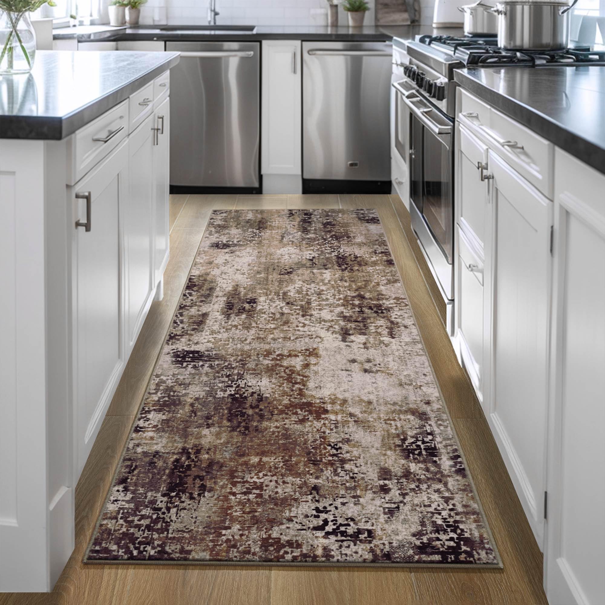 Photo 1 of Runner Rug for Kitchen Coffee Hallways Runner Rug Non Slip 2'6''x8' Washable Brown Long Runner Rugs with Rubber Backing Soft Abstract Carpet Runner for Entryway, Kitchen, Bedroom, Bathroom