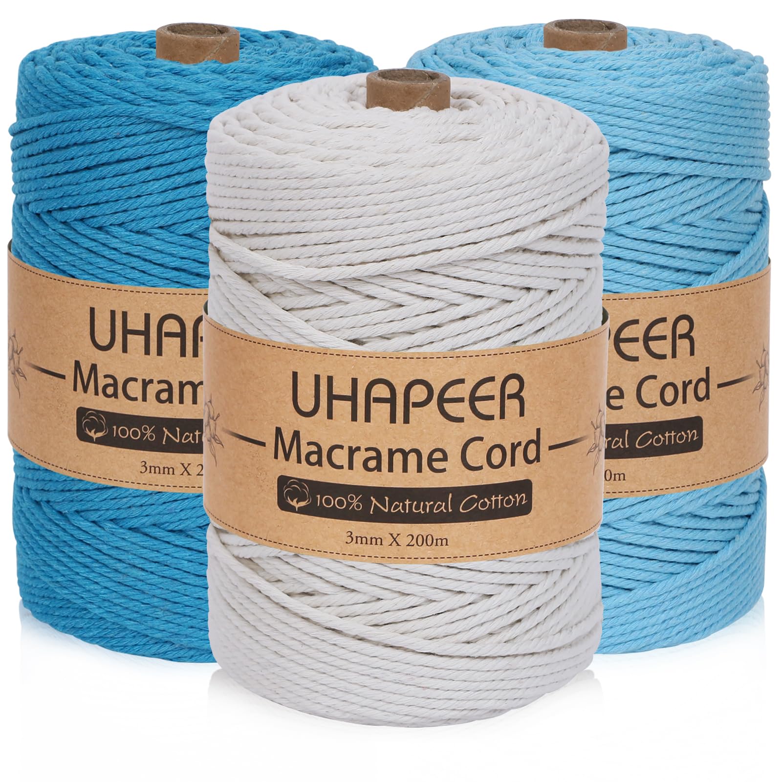 UHAPEER 3 Rolls DIY Macrame Cord 200 m x 3mm, Natural Macrame Cotton Cord DIY Craft Cord Cotton Rope for Wall Hanging, Plant Hangers, Crafts, Knitting, Decorative Projects (Sky & Peacock Blue/Beige)