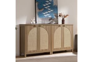 SICOTAS 68" W Rattan Sideboard Buffet Cabinet with Storage Set of 2, Mid Century Modern Credenza with Arch Doors & Shelves Farmhouse Coffee Bar Media Console Cabinets for Living Room, Entryway