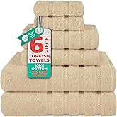 American Soft Linen Luxury 6 Piece Towel Set, 2 Bath Towels 2 Hand Towel 2 Washcloths, 600 GSM 100% Cotton Turkish Towels for Bathroom, Beige Towel Sets