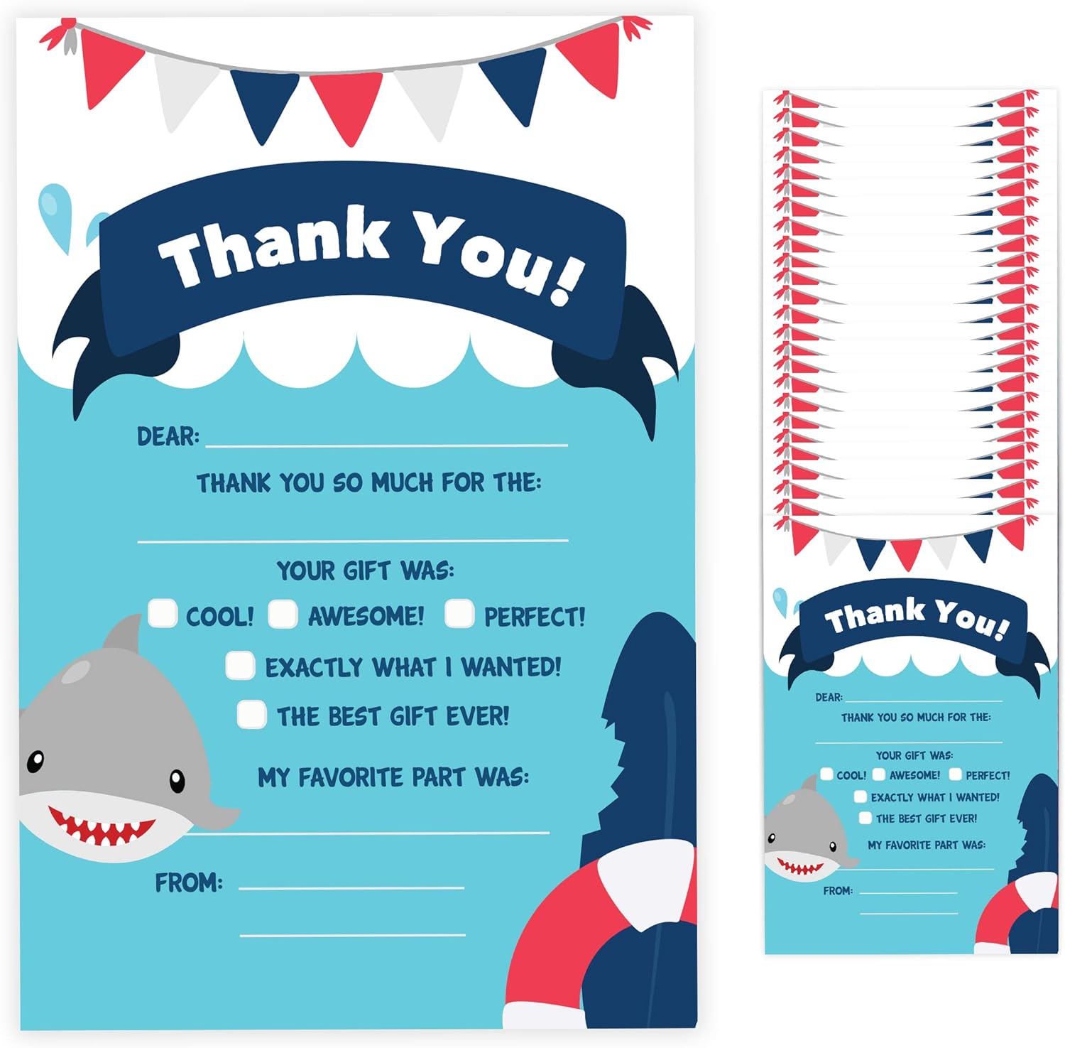 Sharks Fill In Thank You Cards (25 Count) With Envelopes Bulk Birthday Party Kids Children Boy Girl (25ct. Fill Thank You)