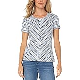 Liverpool Women's Petite Short Sleeve Scoop Neck Knit Top with Miter Front