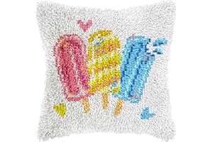 QIONG MENG Latch Hook Kits for Adults, DIY Popsicle Decor Pattern Pillow Cover Kit Needlework Cushion Cover Hand Craft Crochet for Home Sofa Decorations 17 x 17 Inch