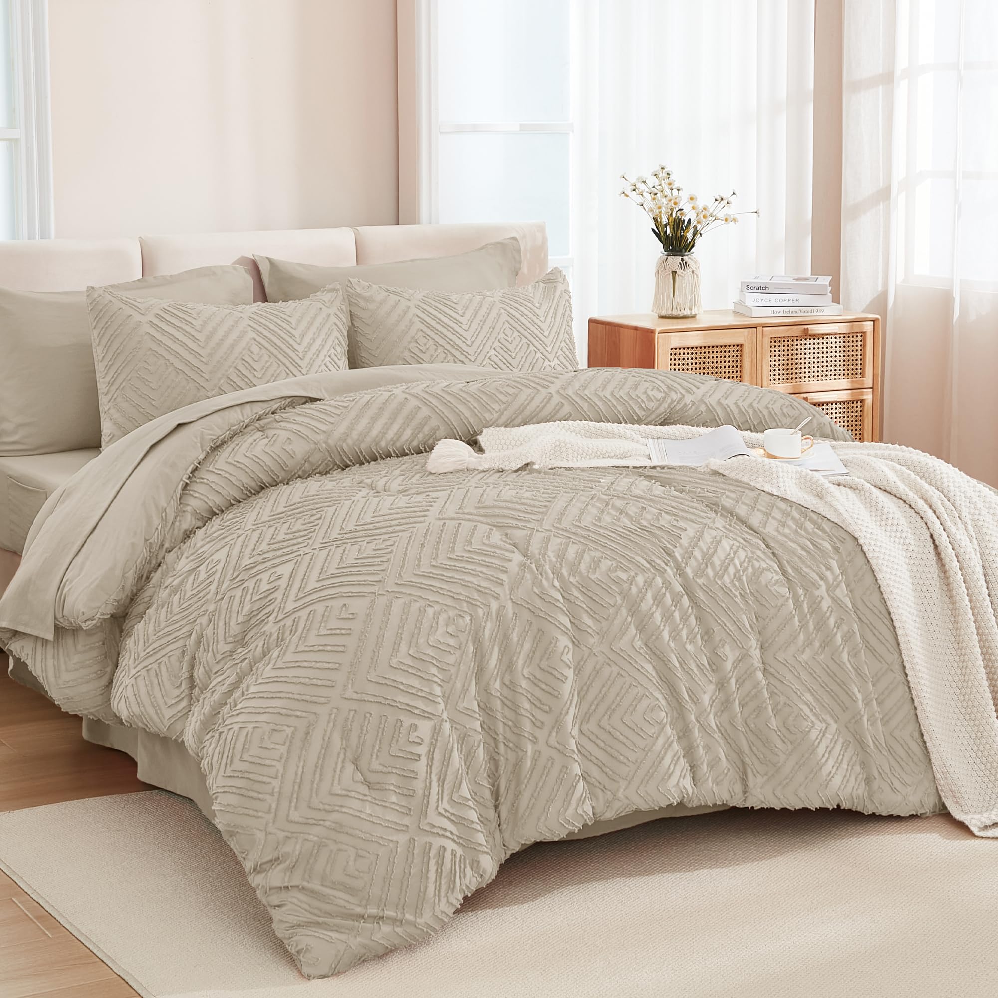 Andency King Size Comforter Set 7 Pieces Oatmeal - Bed in a Bag King Boho Lightweight Fluffy Tufted Bedding Sets with Comforter, Sheets, Pillowcases & Shams Image