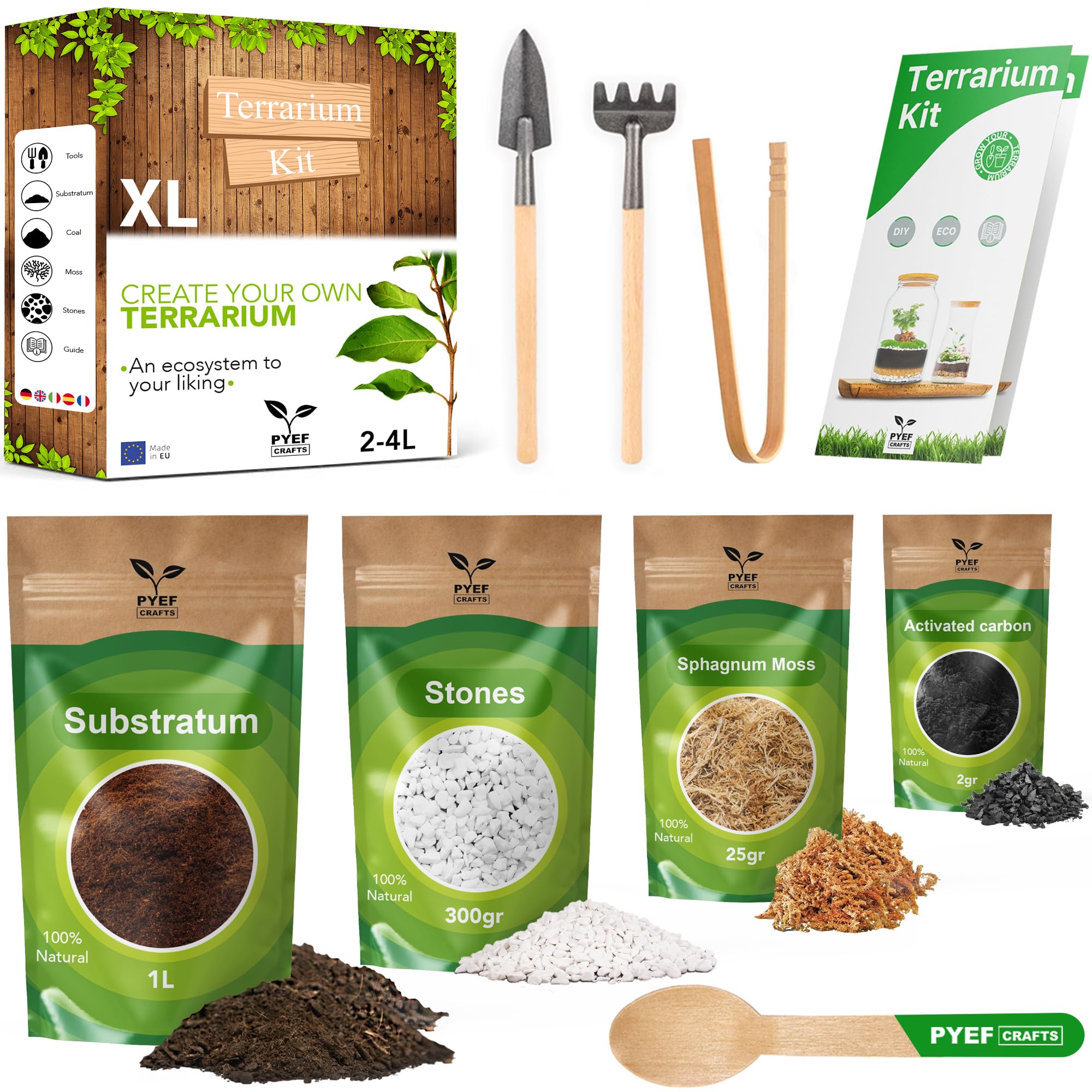 PYEF CRAFTS DIY Terrarium Kit for Plants – Starter Set for Garden in Bottle – Self‑Sustaining Ecosystem – Supplies for Succulents, Air Plants, Fern – Set without Jar (XL), Without Plants