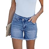 luvamia Jean Shorts for Women Mid Rise Trendy Stretchy Crossover Waist Denim Shorts Raw Hem Casual Summer Pockets