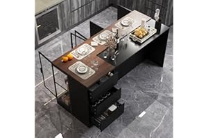 WOODTIME Stationary Kitchen Island with Glass Doors & LED Light, Kitchen Storage Cabinet with 3 Drawers, 5 Doors & 6 Hidden Shelves for Dining Room, Black & Brown