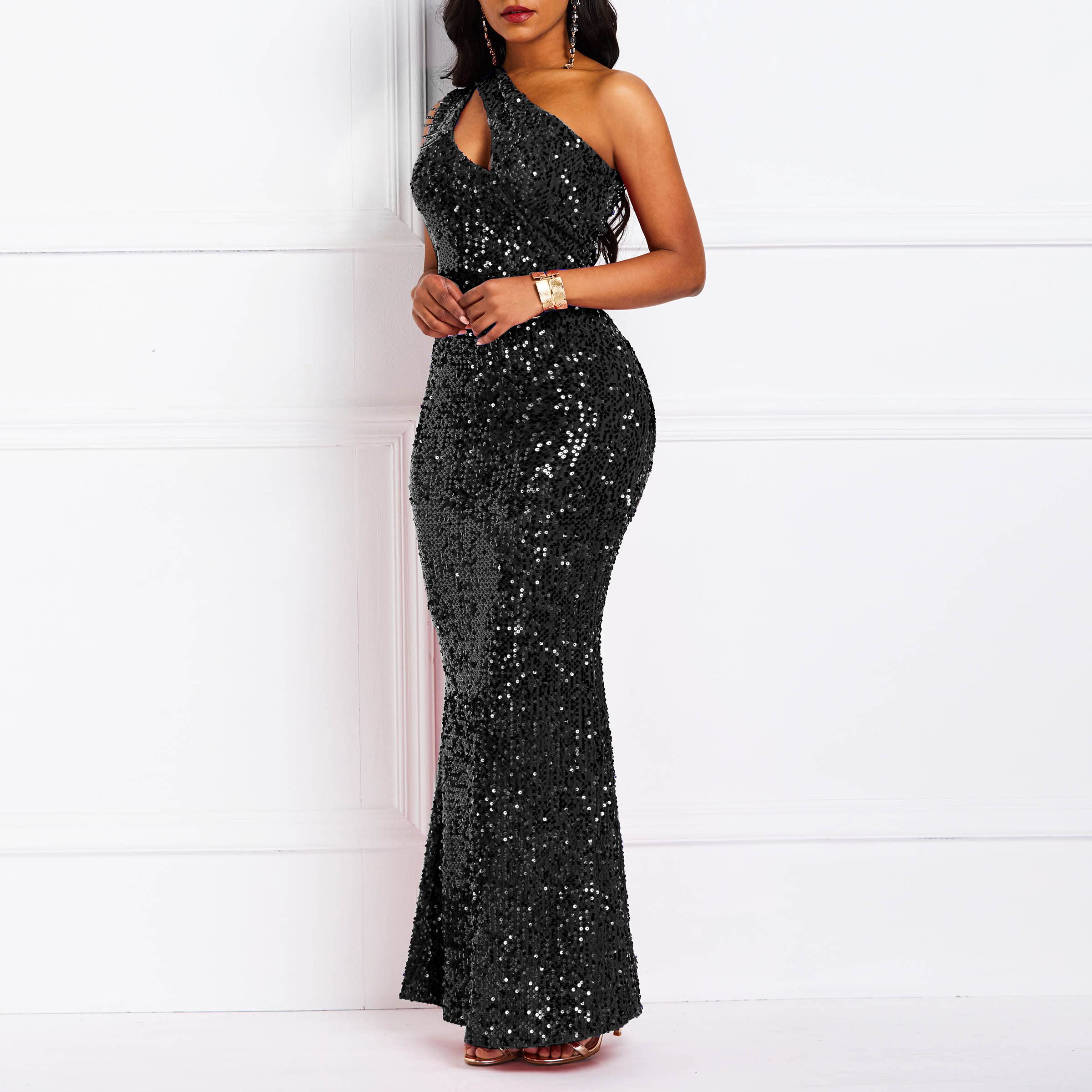 Cololura Women Sequin Elegant Sexy One Shoulder Tassel Mermaid Bodycon Cocktail Evening Dress