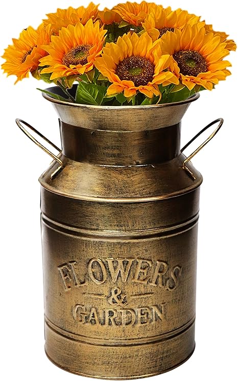 Amazon Com Fovasen Large Antique Gold Galvanized Milk Can Vintage Country Style Farmhouse Vase Primitive Flower Holder For Home Office Wedding Decor 8 5 Kitchen Dining
