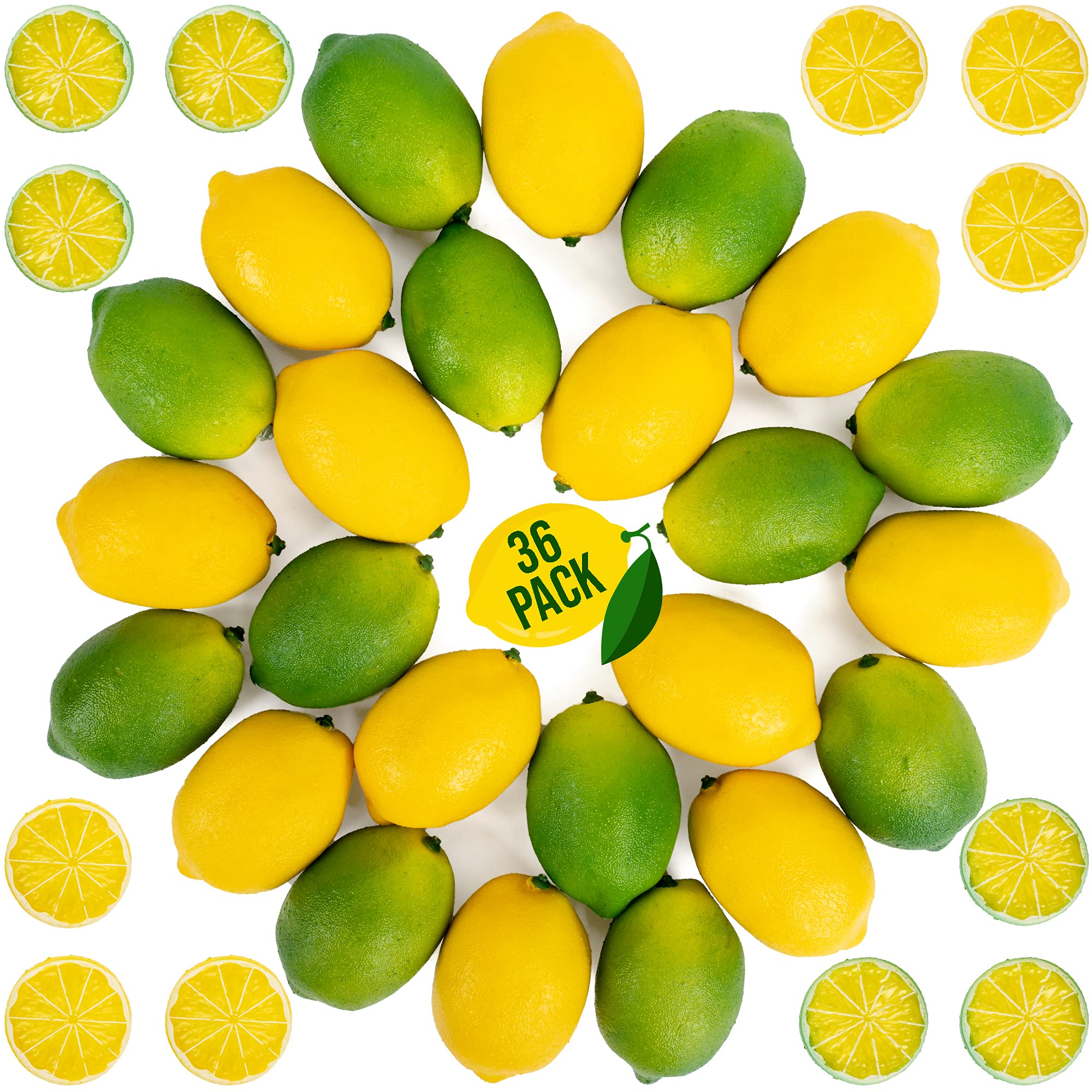 Fake Lemons Limes and Slices Set - Pack of 36 Decorative Faux Citrus Fruits - Artificial Decorations for Home Kitchen Table Office Weddings Table Centerpiece Party with Lemon Tree Decor Theme