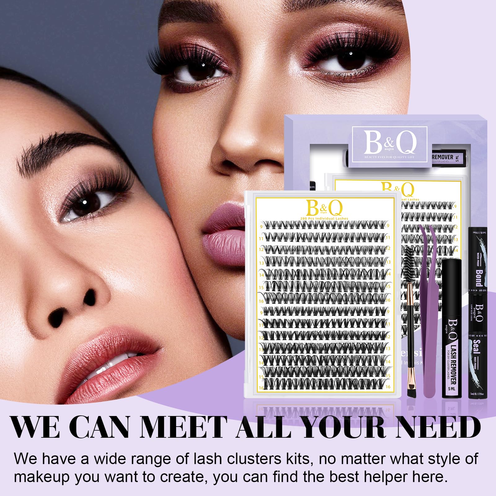 B&Qaugen B&Q Lash Clusters Kit 280PCS Eyelash Clusters Kit,30D 40D D 9-16MIX Individual Lash Comfortable Eyelash Extension Set, Classic Look with Bond and Seal Waterproof, Remover DIY at Home(Set,30D+40D)