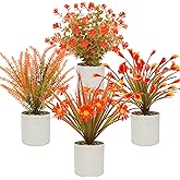 Caxchiling 4 Pcs Small Potted Artificial Plants 10inch Fake Fall Plants in Pots Mini Faux Fall Flowers with Pots for Indoor Home Bathroom Bedroom Office Shelf Tabletop Fall Decor