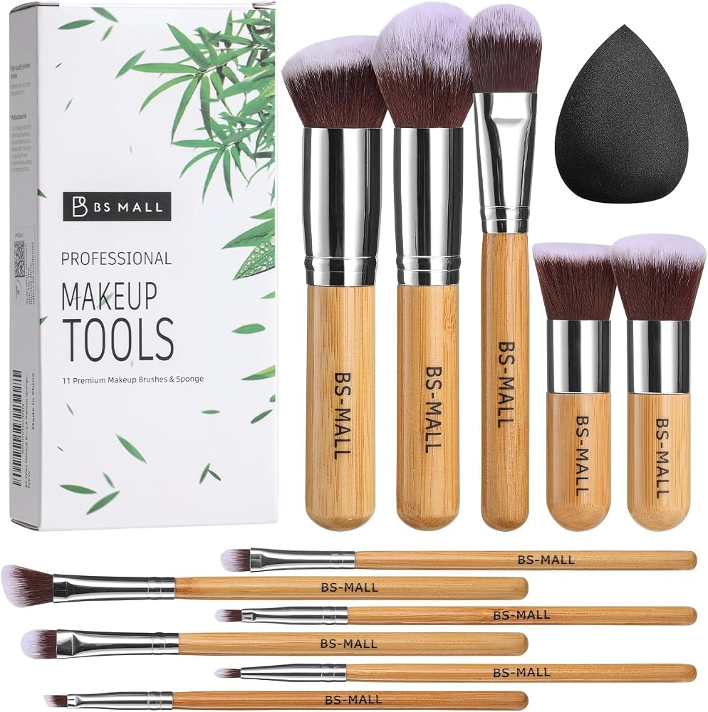 BS-MALL Makeup Brush Set 11 Pcs Makeup Sponge, Professional Bamboo Makeup Brushes for Foundation, Powder, Blush, Concealer, E