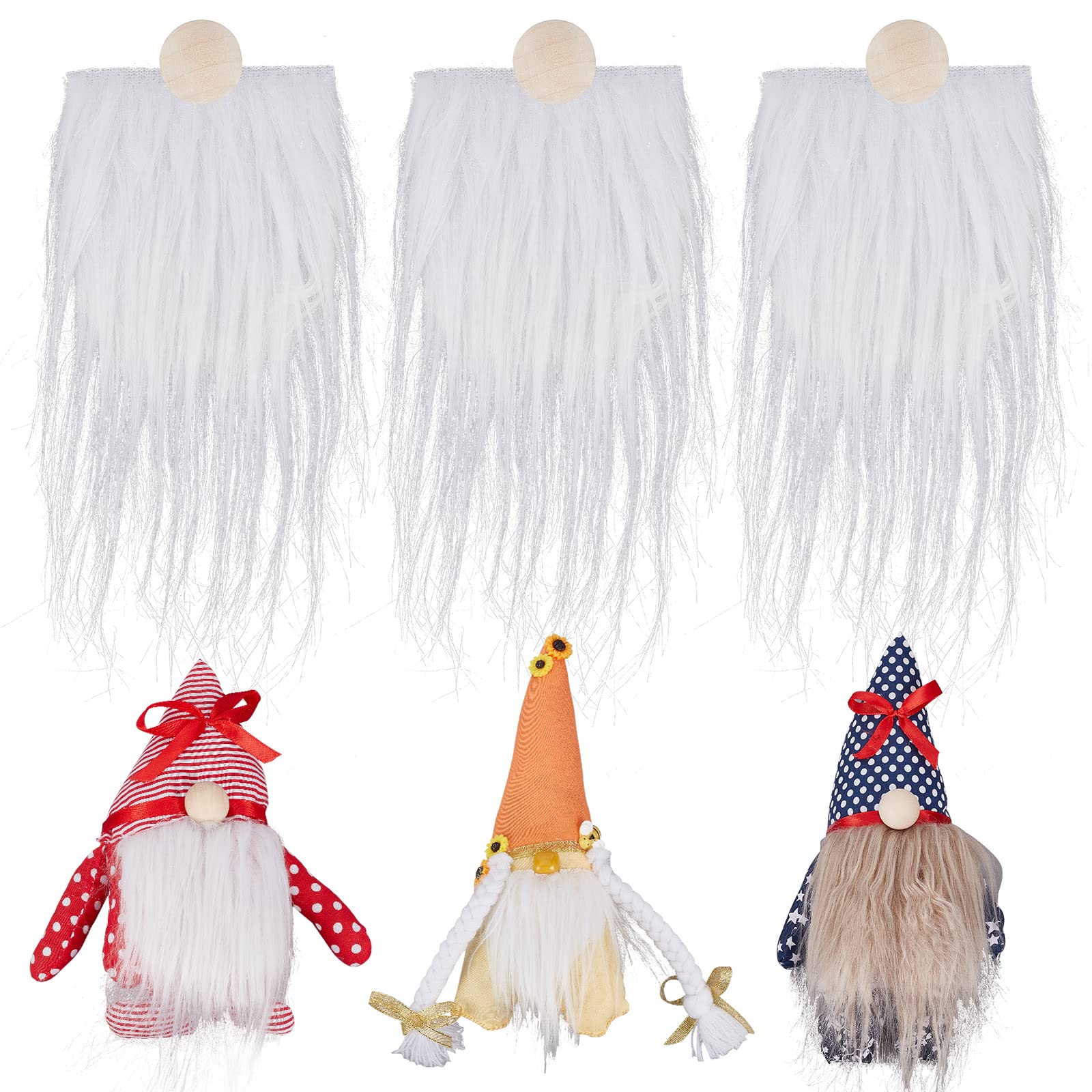 GORGECRAFT 6 Pieces Gnome Beard Unfinished Wooden Balls Braids Dwarf Beard Kit Faux Fur Beard Hair Set for DIY Handmade Gnome Sewing Craft Patches Easter Christmas Party Supplies, White — image 1