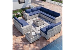 Muphyers 12-Piece Outdoor Patio Furniture Set Wicker Sectional Sofa Set, Patio Conversation Set with Thickened Cushions & Coffee Table for Garden, Backyard, Poolside, Navy Blue