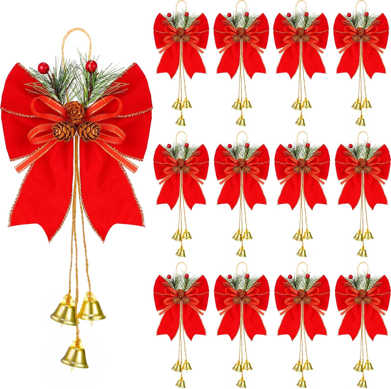Bows & Ribbons - Yuxung 12 Pcs Christmas Bow with Pine Cones Christmas Wreath Bows Xmas Decorative Bows Ornament with Bell Christmas Tree Toppers Bows for Kitchen Cabinet Christmas Party Decoration (Red)