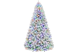 VIVATREES 7.5ft Lighted Snow Flocked Christmas Tree, 450 Multicolor LED Lights, Artificial Christmas Tree with 1446 Branch Tips, Metal Stand & Hinged Branches for Decoration, 10 Modes