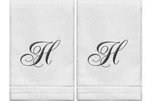 CREATIVE SCENTS Monogrammed Towels Fingertip, Personalized Gift, 11 x 18 Inches - Set of 2- Black Embroidered Towel - Extra Absorbent 100% Cotton- Soft Velour Finish - For Bathroom/ Kitchen/ Spa- Initial H (White)