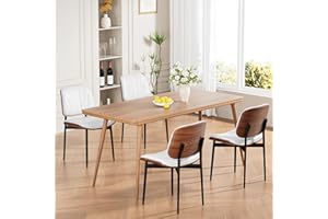 REONEY Dining Chairs Set of 4, Mid-Century Modern Upholstered PU Leather Chairs with Walnut Bentwood Back and Metal Legs Adjustable Feet for Kitchen Dining Room, Pure White Shell Strips