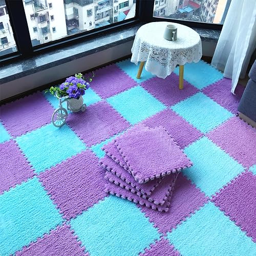 12pc Shaggy Play Mats - Interlocking EVA Foam Floor Tiles For Kids (Blue)
