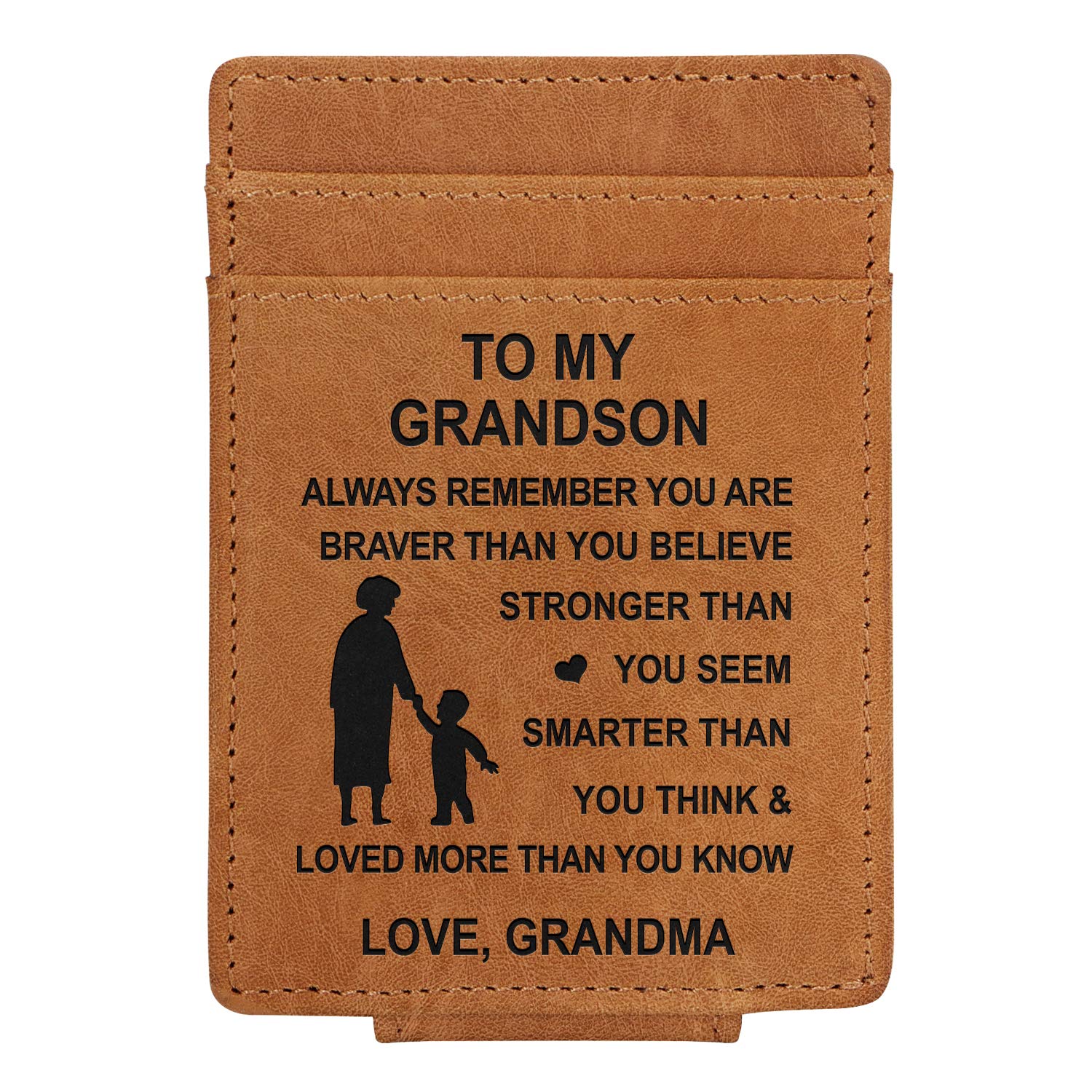 Kenon Custom Leather Brown Card Holder Personalised Slim Wallets for Men RFID Blocking Credit Card Holder Leather Minimalist Front Pocket Wallet for Husband,Father,Son (to Grandson from Grandma)