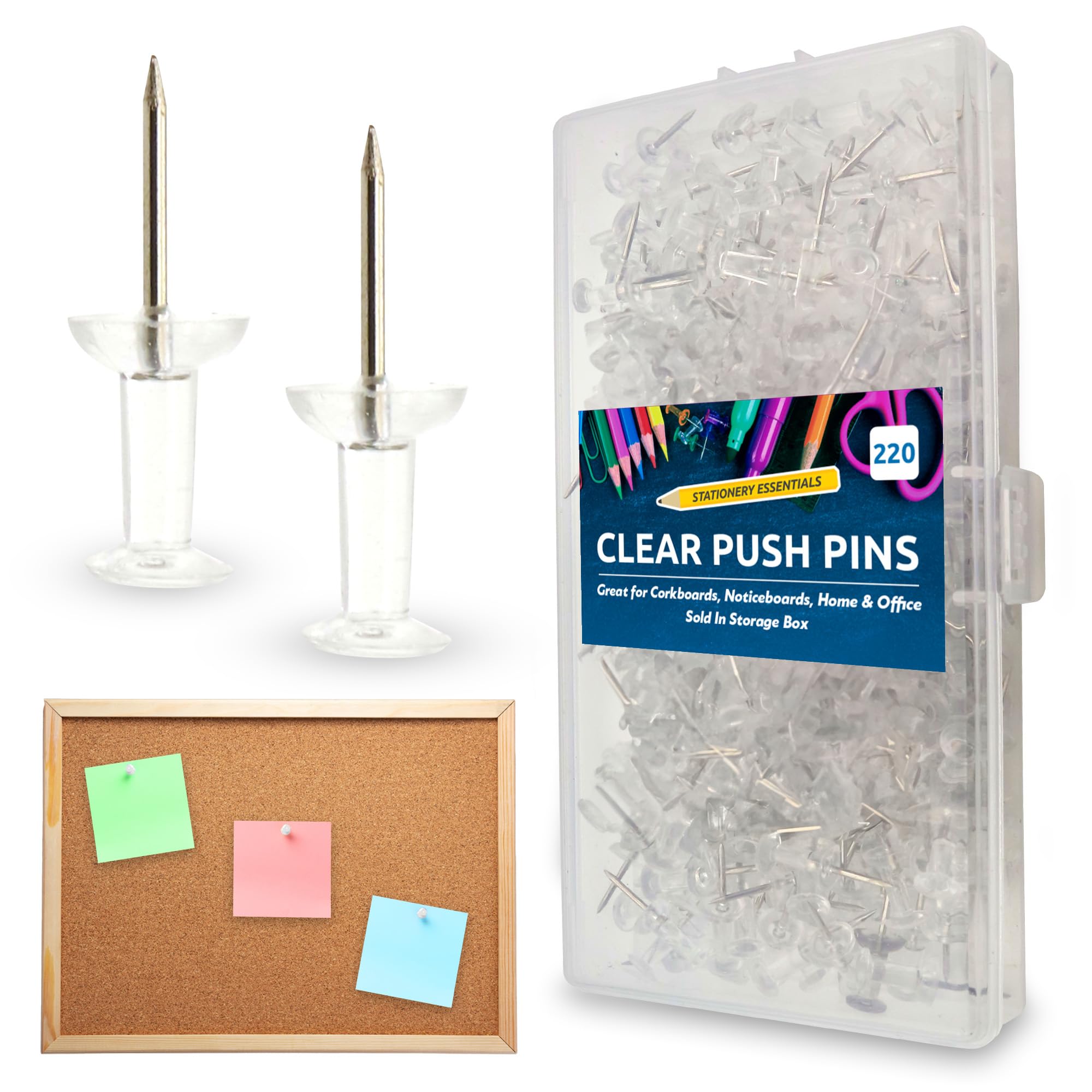 SOL 220pcs Clear Push Pins - Multipurpose Clear Drawing Pins for Pinboards, Noticeboards, Corkboards, Home & Office - Transparent for Organised Display - Comes with Storage Box for Easy Storage